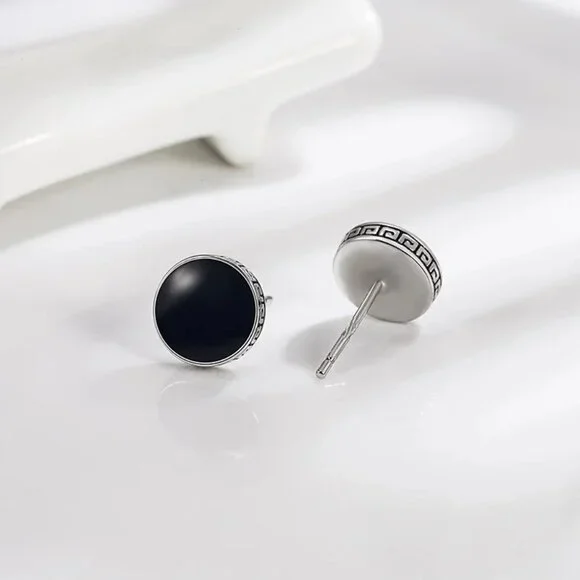 🆕 6mm Onyx Button Greek Style 18K White Gold Earring Studs  🆕 Hypoallergenic - Picture 5 of 8